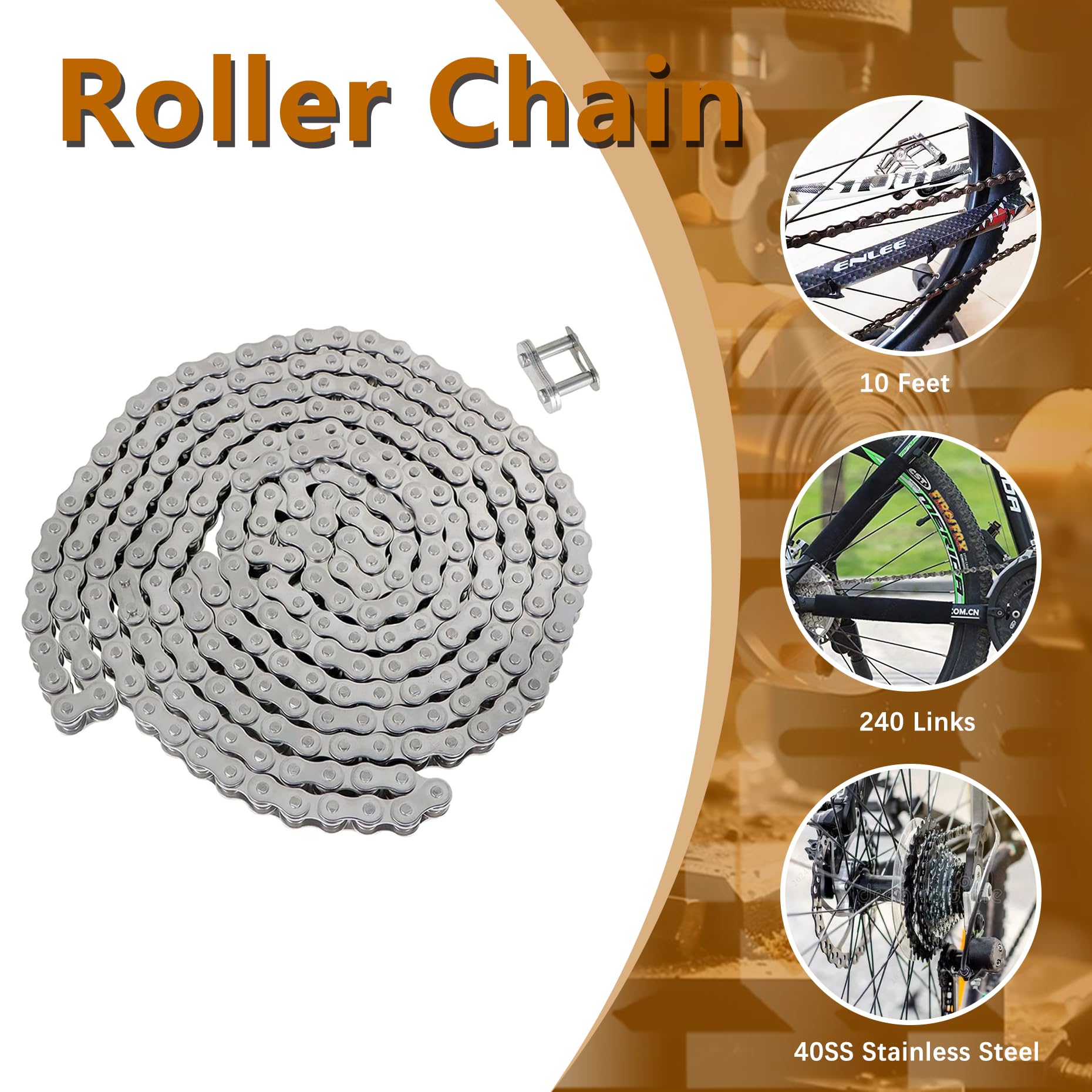 kimllier 40SS Rollenkette aus Edelstahl, 3 m, mit Verbindungsgliedern, 240 Glieder