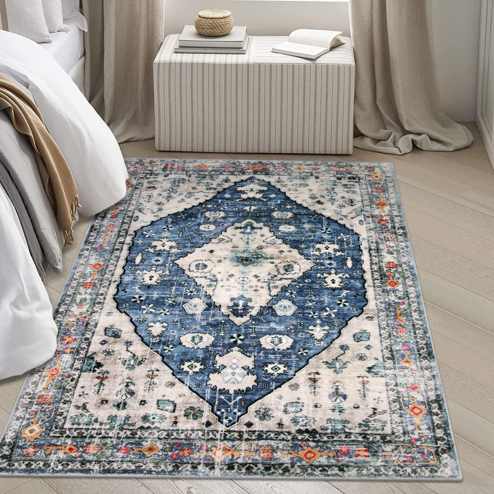Tapis vintage à poils courts doux lavable antidérapant pour salon, chambre à coucher, chambre d'enfant, salle à manger, couloir, cuisine - Bleu - 40 x 60 cm