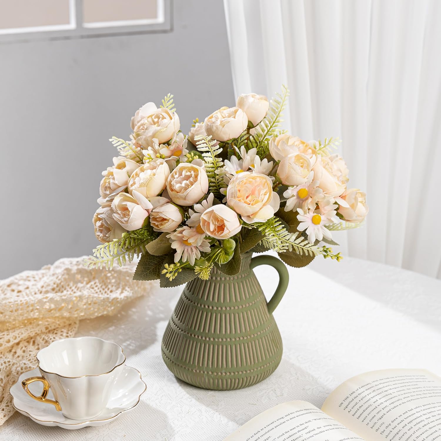 Artificial Peonies Flowers,Fake Peony Silk Chrysanthemum Flower Bouquet 4 Bundles Plastic Florals Bulk Arrangements for Vase Wedding Decoration(Champagne)