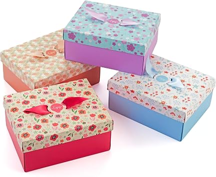 Floral Gift Boxes with Lids & Ribbons 20 Pack 8" x 6.3" x 3.5" Decorative Printed Treat Boxes for Gift Giving, Soaps, Chocolate, Small Presents, Christmas, Birthdays, Bridesmaid, Diwali, Bulk, Empty