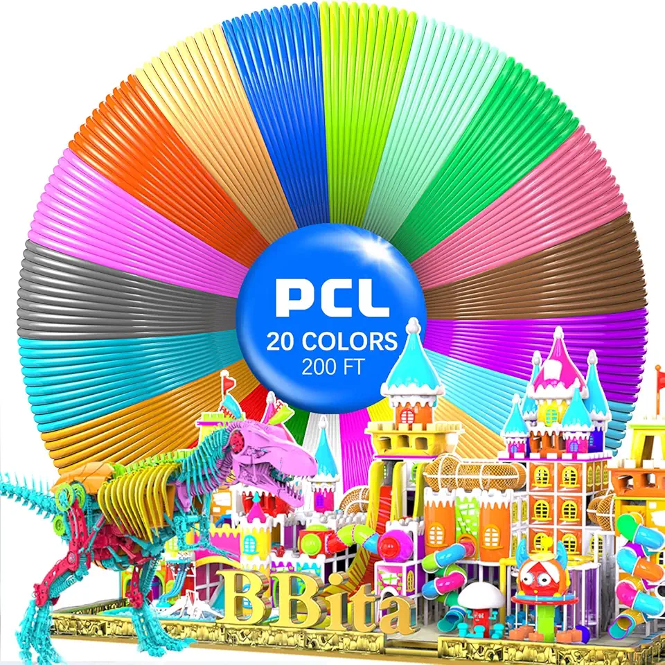 3D Printing Pen, PCL Filament Refills, 1.75mm, Pack of 20 Colors, Low Melting Point Temperature 70℃, High Precision Diameter, Non-Toxic, Anti-Clog (200 Feet) (3D Pen Not Included)