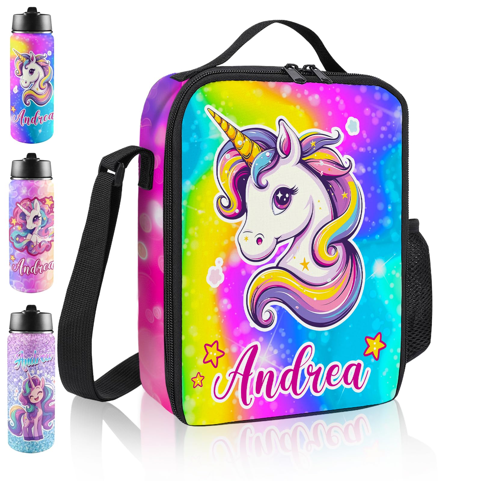 Personalized Lunch Bag with Kids Name for Girls, Custom Lunch Box and Water  Bottle with Mermaid, Unicorn, Princess, and Flower Patterns, Insulated