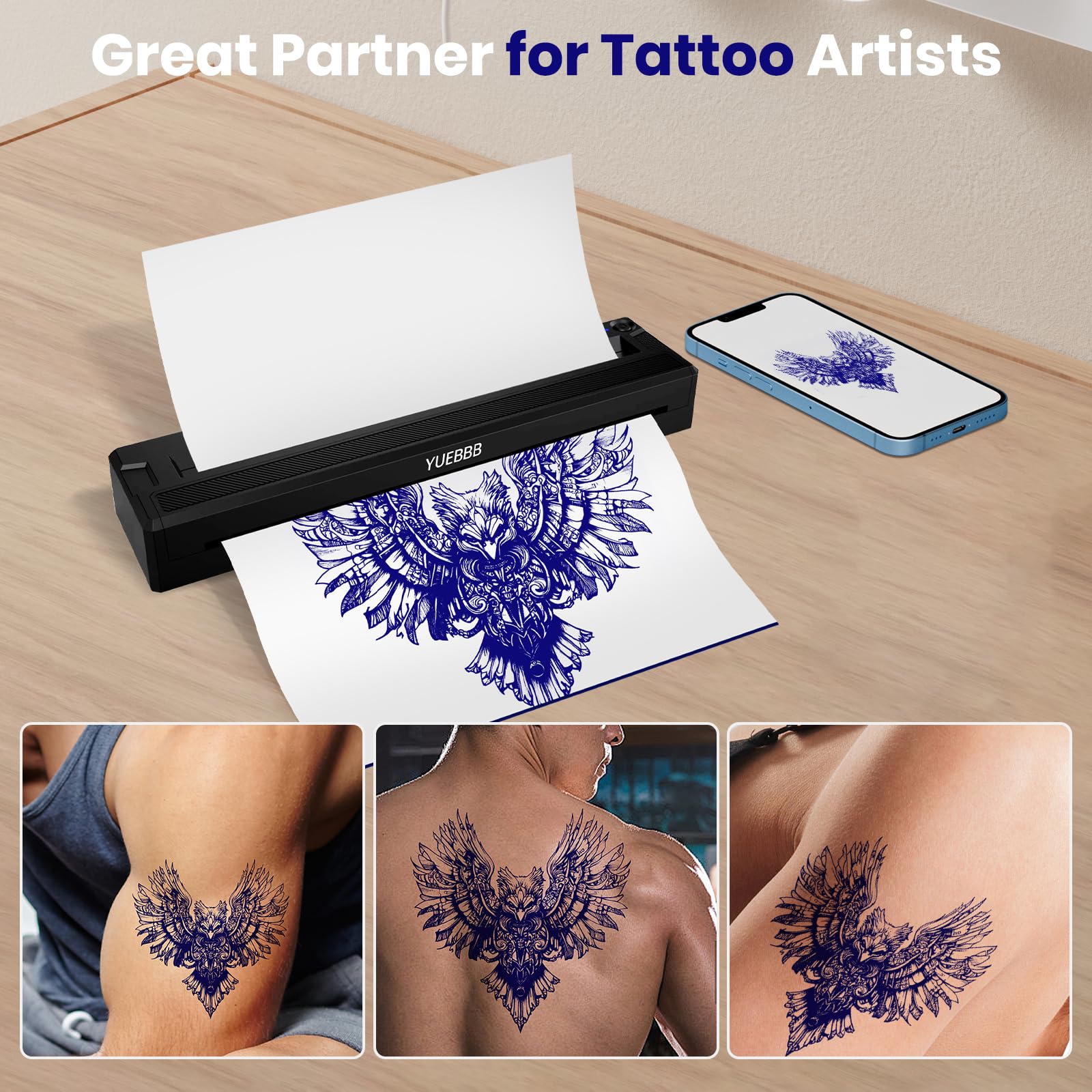 Imprimante de Pochoirs de Tatouage, Transfert Thermique Bluetooth, Compatible Smartphone et Ordinateur