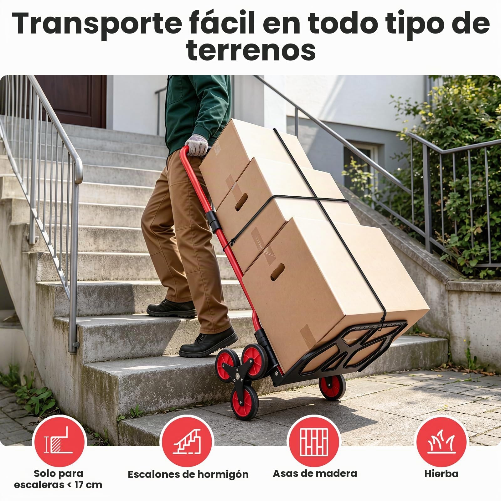 YEAUPE PRO Carretilla de Mano Plegable Escaleras 50 kg Rojo | Ruedas TPR grandes, mango telescópico regulable y 2 cuerdas incluidas para subir escaleras, mudanzas y transporte