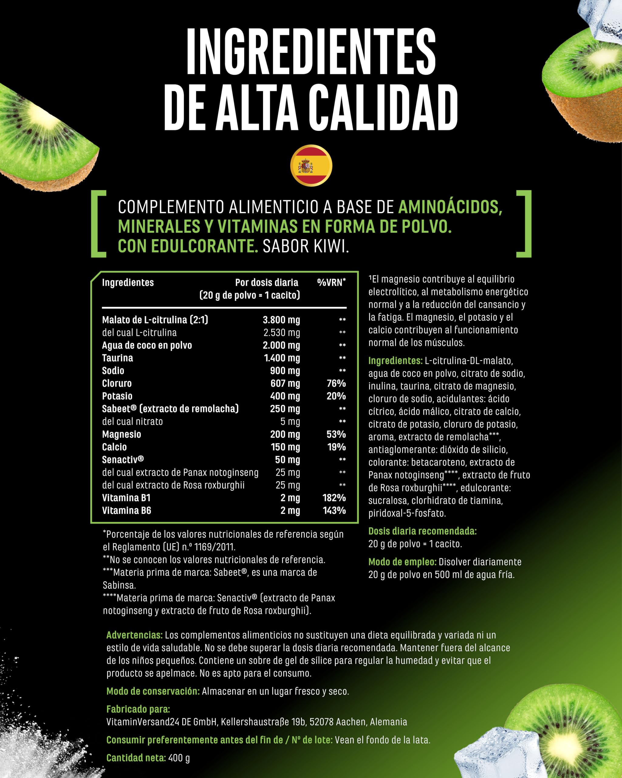 Performance Electrolytes - 400 g (20 Porciones) - Advanced Hydration Matrix con Sodio, Potasio, Magnesio, Calcio y Cloruro - con Citrulina y Taurina - Sin Azúcar - Vegano - Sabor Kiwi