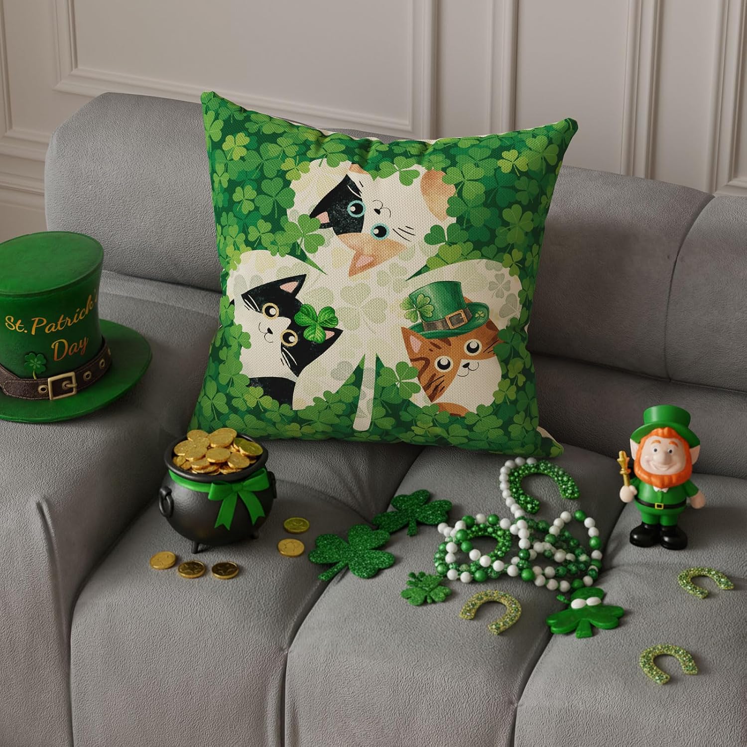 Green Shamrocks Clovers Cats St. Patrick's Day Pillow Cover Throw Pillow Cases Decorations for Farmhouse Home Sofa Couch Cushion Cover Party Holiday Decor 18x18 Inch - Image 4