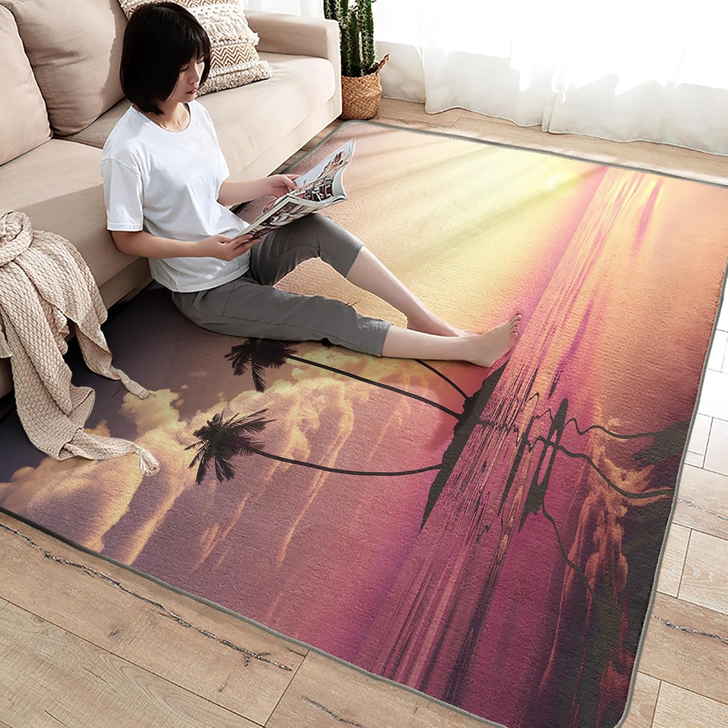 2x3 Rug, Sunset Rugs for Entryway Living Room Bedroom, Tropical Palm Tree Small Area Rug & Bedroom Decor, Washable Non Slip Soft Low Pile Indoor Door Mat, Home Decorative Patterned Carpet