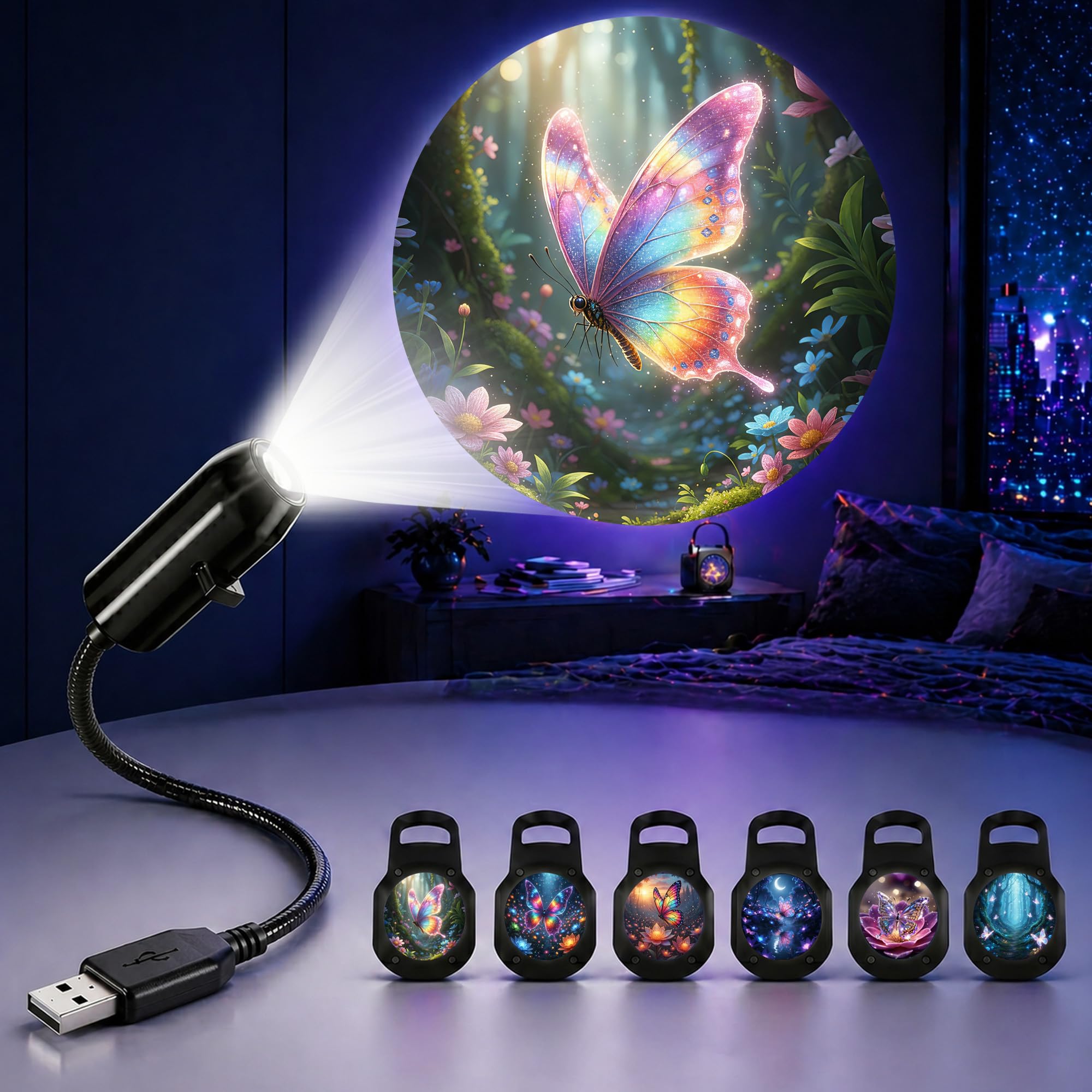 TnLnYn Butterfly Projector Night Light 2-in-1 USB Mini LED Projection