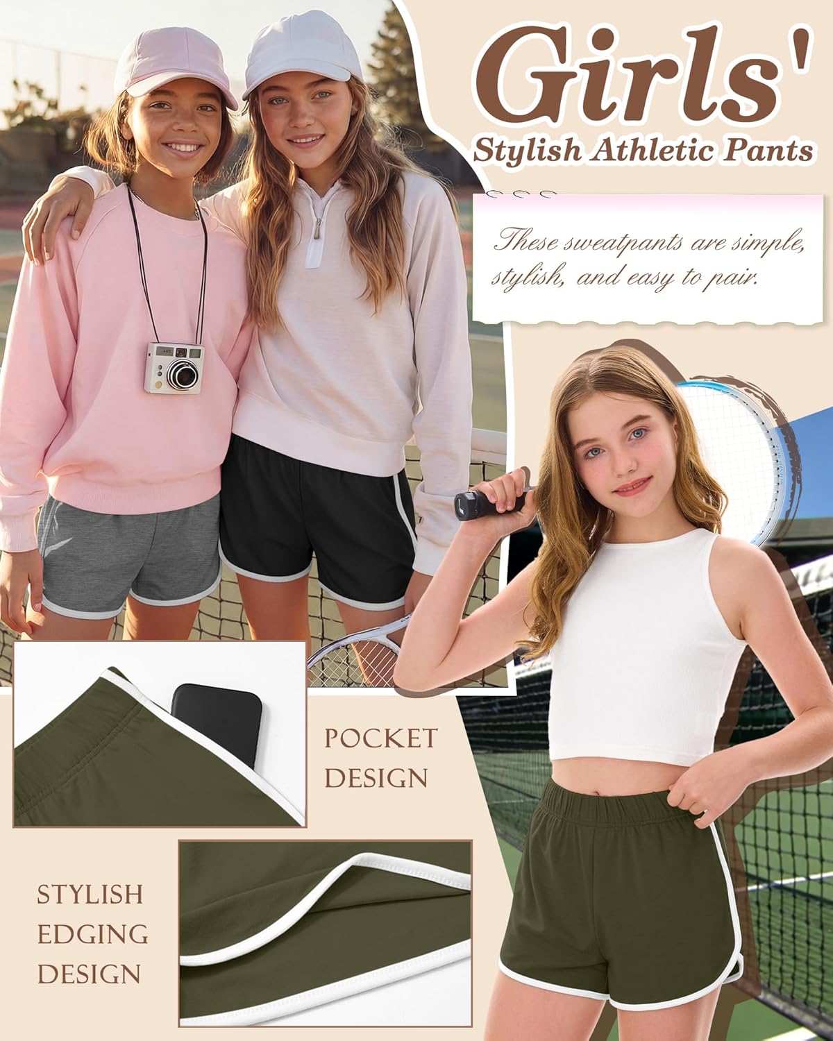 3 Pack Girls Athletic Shorts Soccer Running Dolphin Shorts Kids Gym Workout Active Summer Knit Short with Pockets