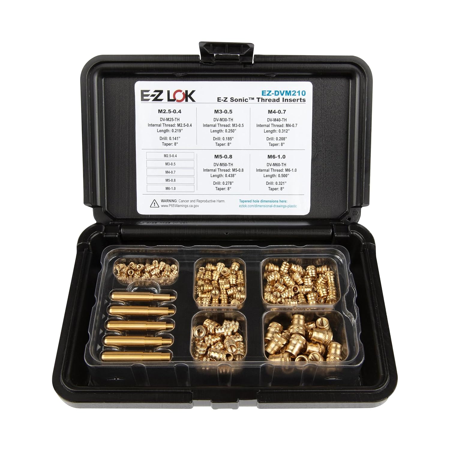 E-Z LOK -E-Z Sonic Brass Threaded Inserts for Plastic Assortment Kit, Heat Set Thread Insert, Metric, Straight, Flanged, 4-40 to 1/4-20 (EZ-FL-400)