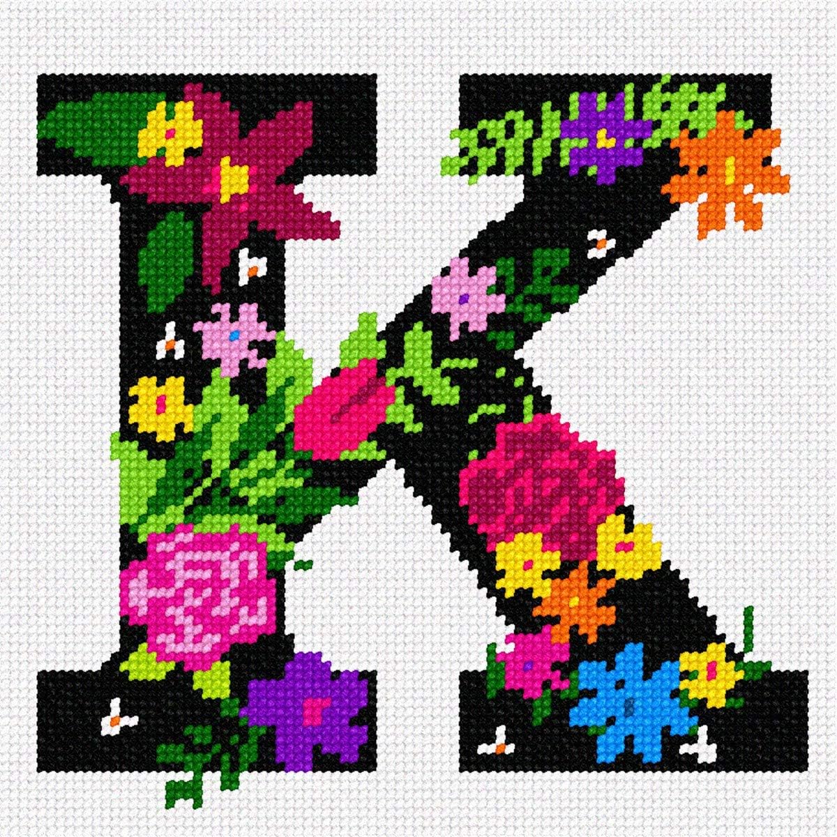 Pepita Needlepoint Canvas: Letter K Primary Floral, 7 x 7