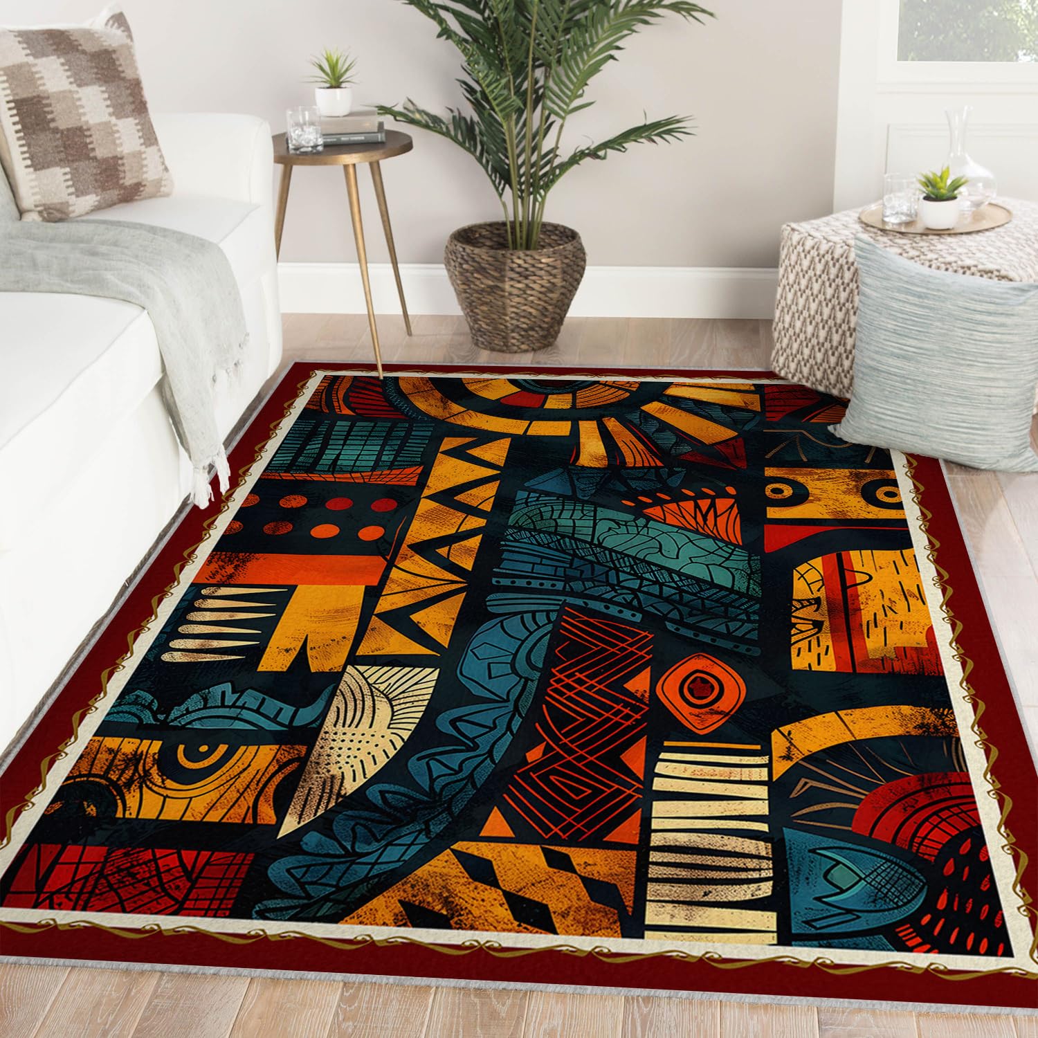 Tappeti tribali africani lavabili, blocchi totem geometrici astratti e tappeti per soggiorno con motivo etnico azteco, tappeto morbido a pelo basso per camera da letto e sala da pranzo 80x120cm