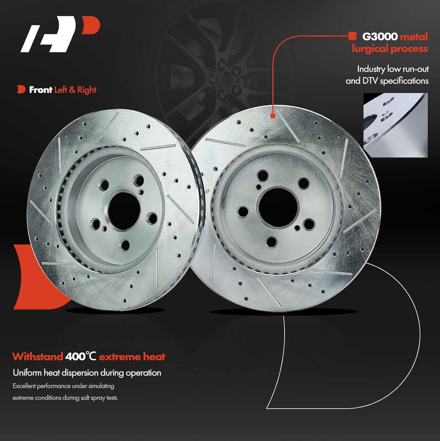 A-Premium 11.15 inch (283.1mm) Front Drilled and Slotted Disc Brake Rotors + Ceramic Pads Kit Compatible with Select Toyota Models - Corolla 2019-2022, Prius Prime 2020-2022, 6-PC Set
