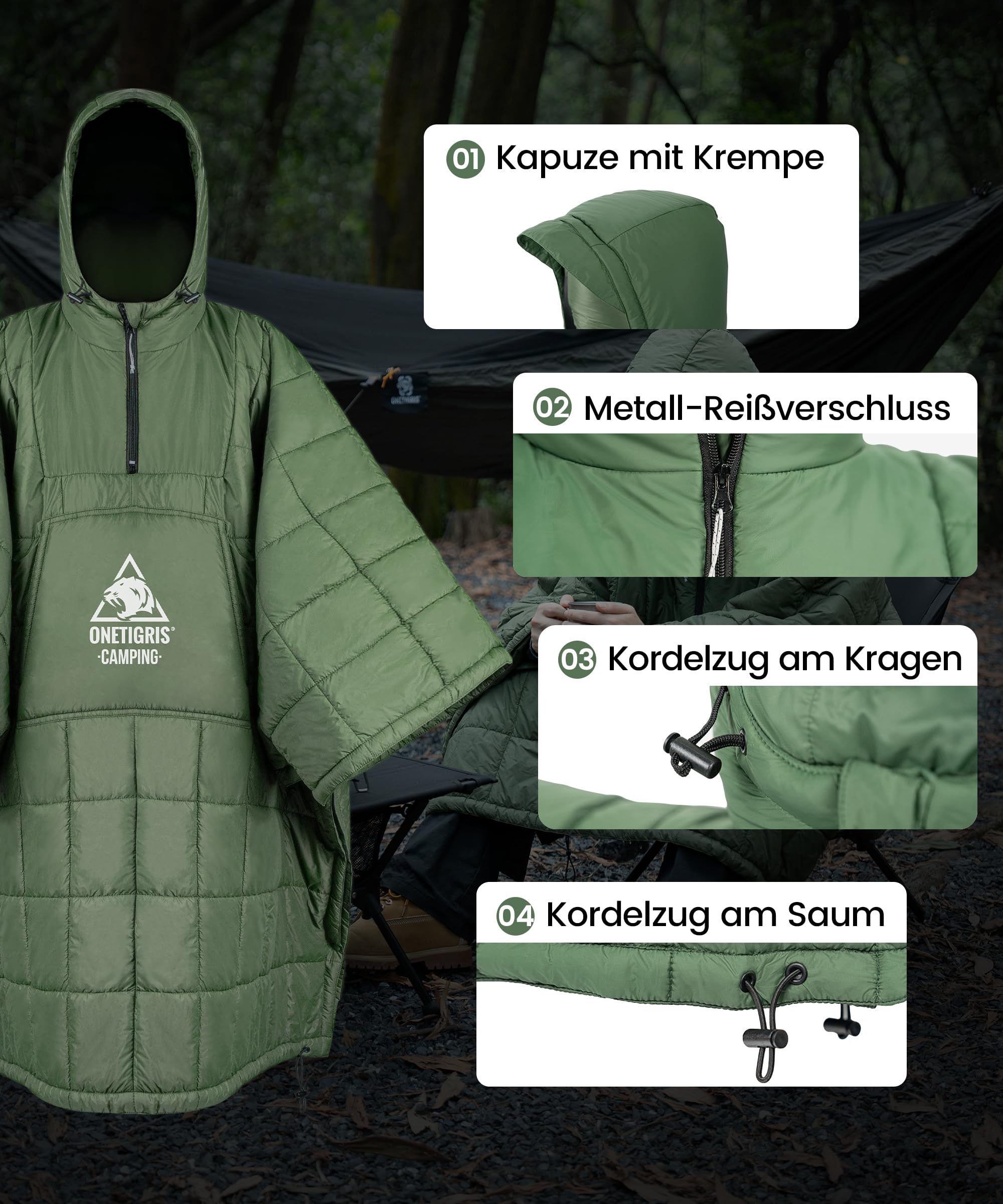 OneTigris - Poncho de camping con aislamiento Thinsulate 3M, manta impermeable cálida con bolsillos grandes, manta portátil con capucha para exteriores, senderismo, viajes, color verde
