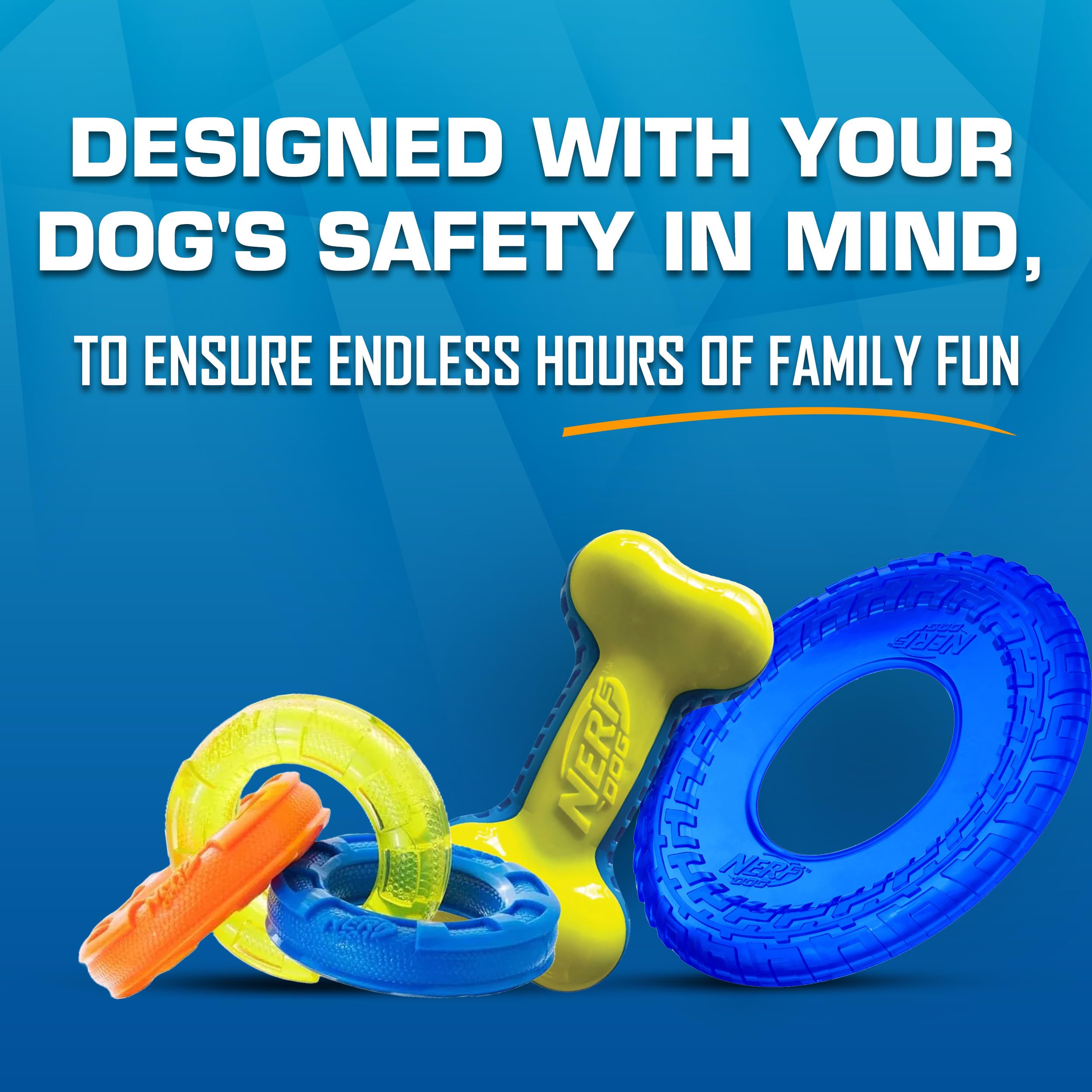 Nerf Dog Set regalo giocattolo: 7.5 "TPR 3 Ring Tug, 7" TPR EXO Squeak Bone, e 10 "Traslucido TPR Tire Flyer