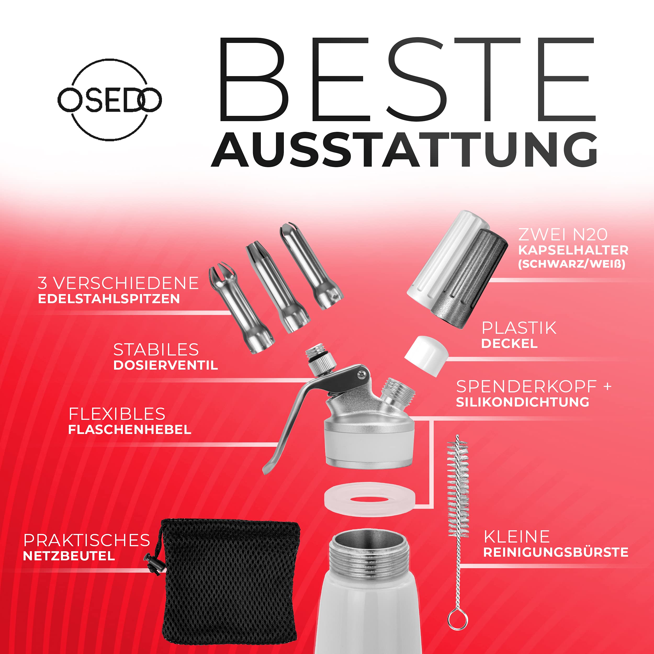 Sahnespender 500ml - inkl. 3 Edelstahl Tüllen + 2 Kapselhalter + Reinigungsbürste + Rezepte Ebook - Hochwertiger Aluminium Sahnesyphon für Sahne, Espumas, kalte und warme Saucen (Weiß)