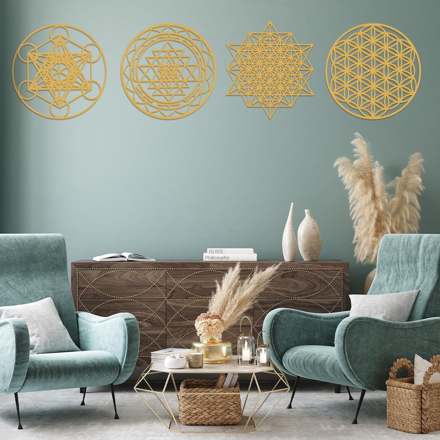 Leinuosen 4 Pcs Sacred Geometry Crystal Grid Wall Art Boards, Gold