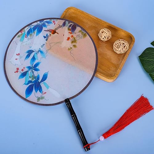 Miniatura 6 de Whaline Paquete de 2 abanicos redondos chinos, abanicos de mano antiguos de seda translúcida, abanicos de mano vintage de doble cara, rosa y azul,