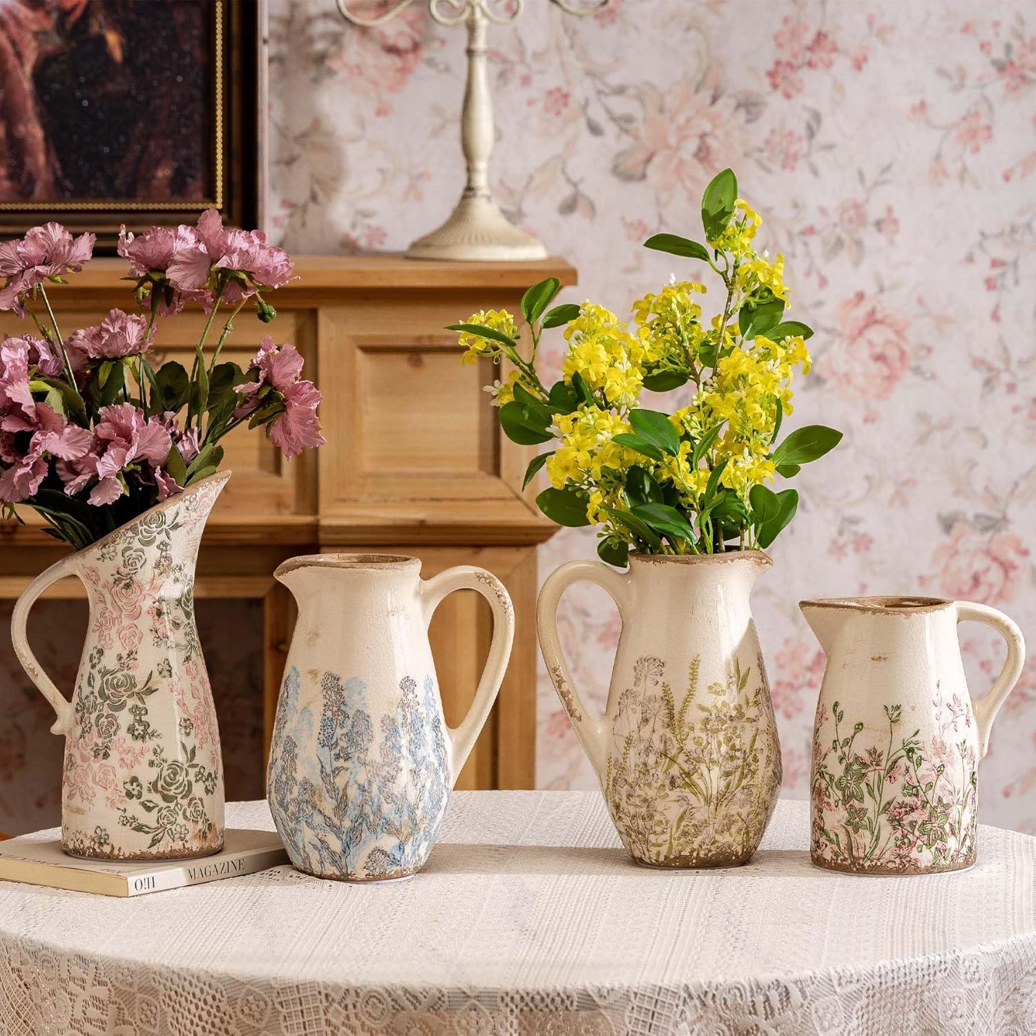 Vintage Ceramic Pitcher Vase with Handle, Farmhouse Green and Pink Large Floral Vases, Chinoiserie Decorative Vase, Rustic Table Centerpiece for Home Decor Living Room, Bookshelf, Office 10.5 Inch - Image 7