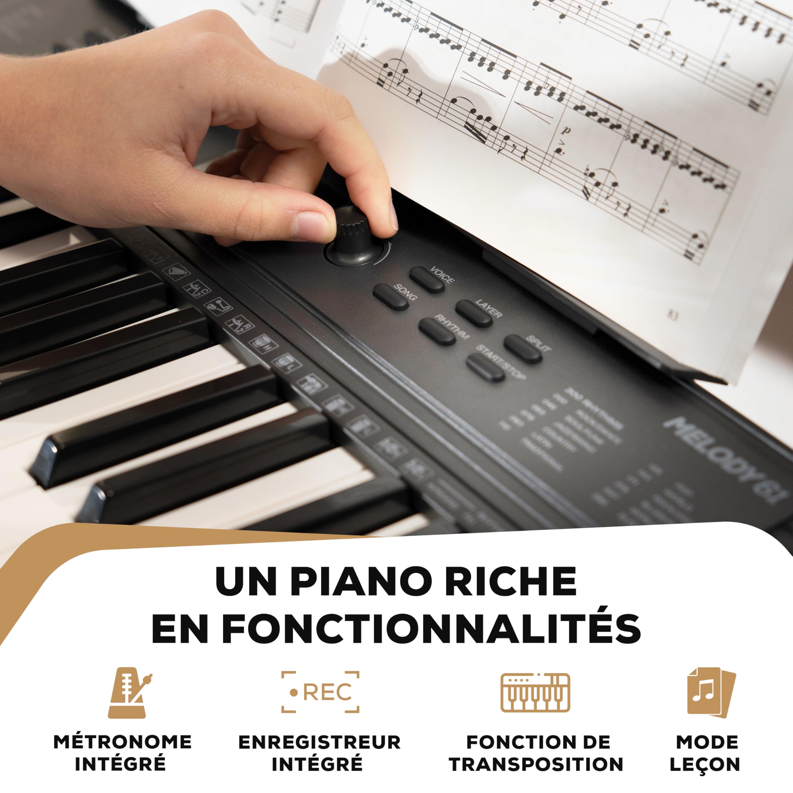 Alesis Melody 61 Piano Numérique 61 Touches pour Débutants avec Haut-Parleurs, Support, Banc, Casque, Pupitre, 300 Sons et des Leçons de Musique