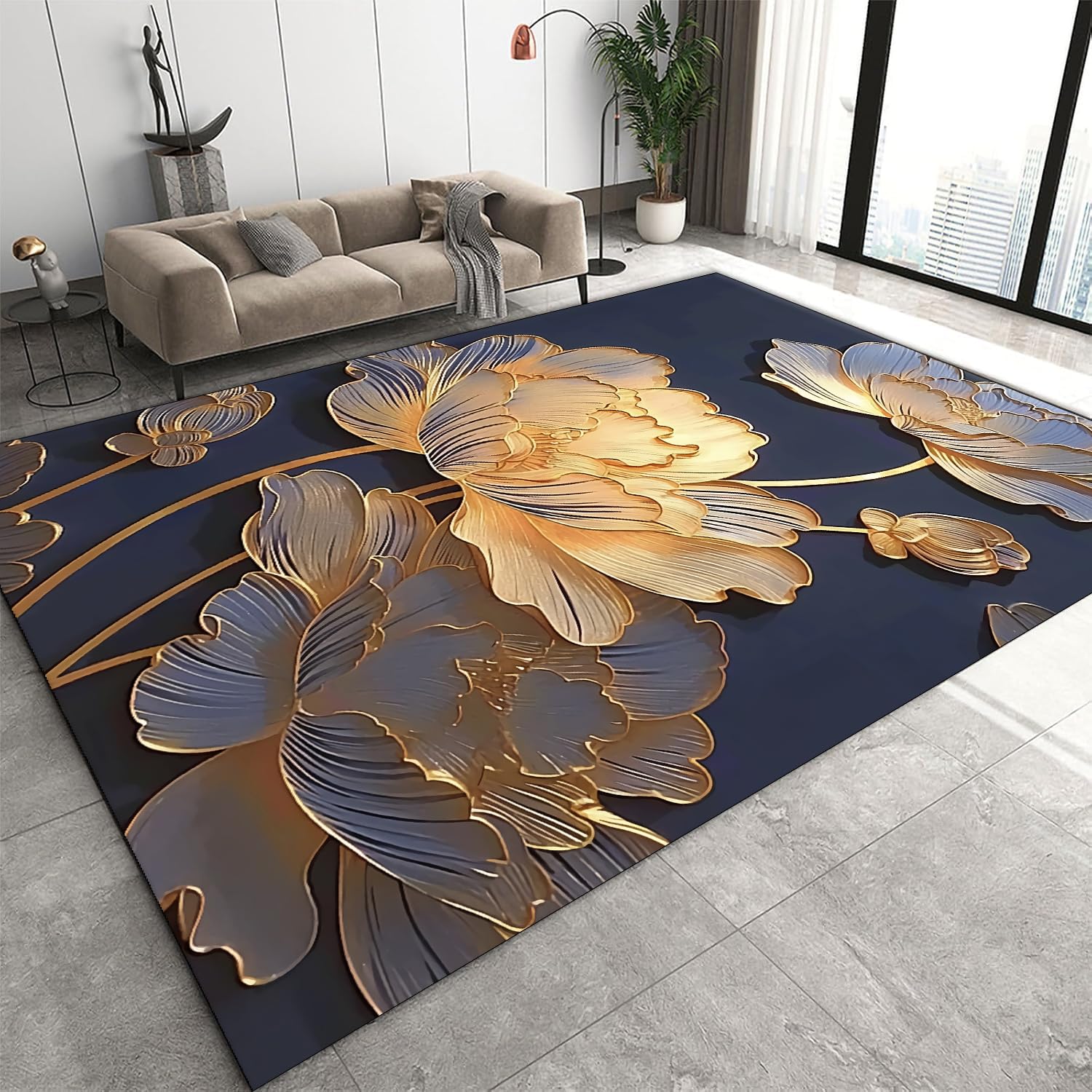 PDENZG 3D Floral Area Rug，160x230cm,Gold Rugs for Living Room， Oriental Elements 3D Lotus New Chinese Style Carpet,Soft, Non-Slip, Absorbent Flower Rug，for Bedroom, Dining Room, Office Decor Mat.