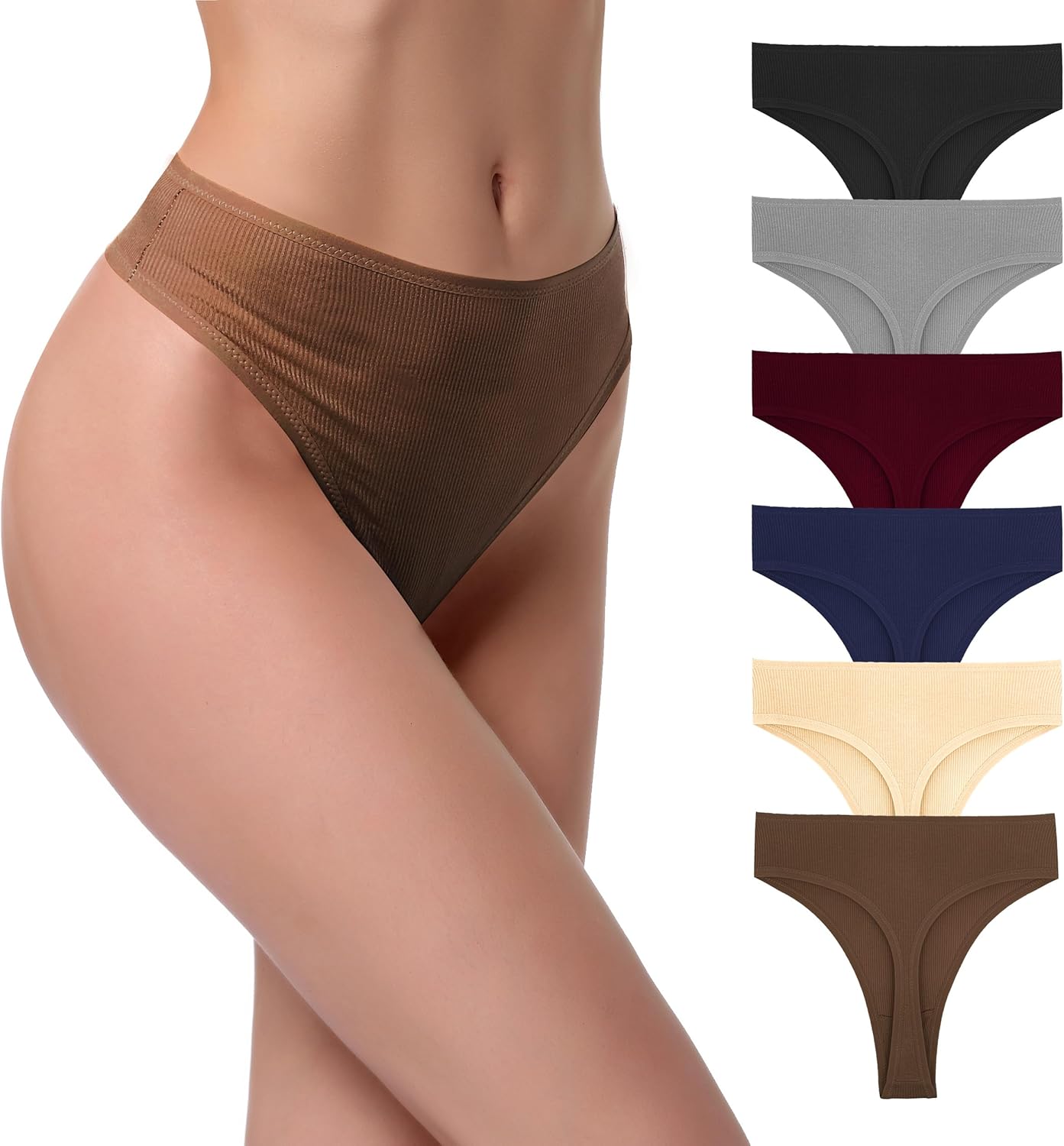 High Waist Cotton Thongs Women Cotton Rib Comfortable Soft Thongs Panties Pack 6
