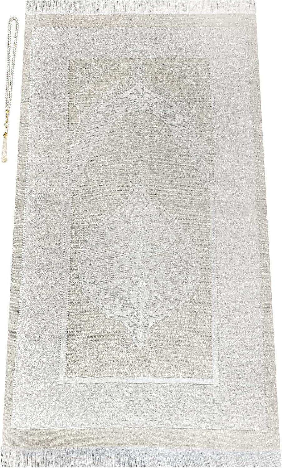 ihvan online Muslim Prayer Rug and Prayer Beads with Elegant Design Cylinder Gift Box, Janamaz, Soft Sajadah, Islamic Gifts Set, Portable Prayers Carpet Mat, Taffeta Fabric, White - Image 4