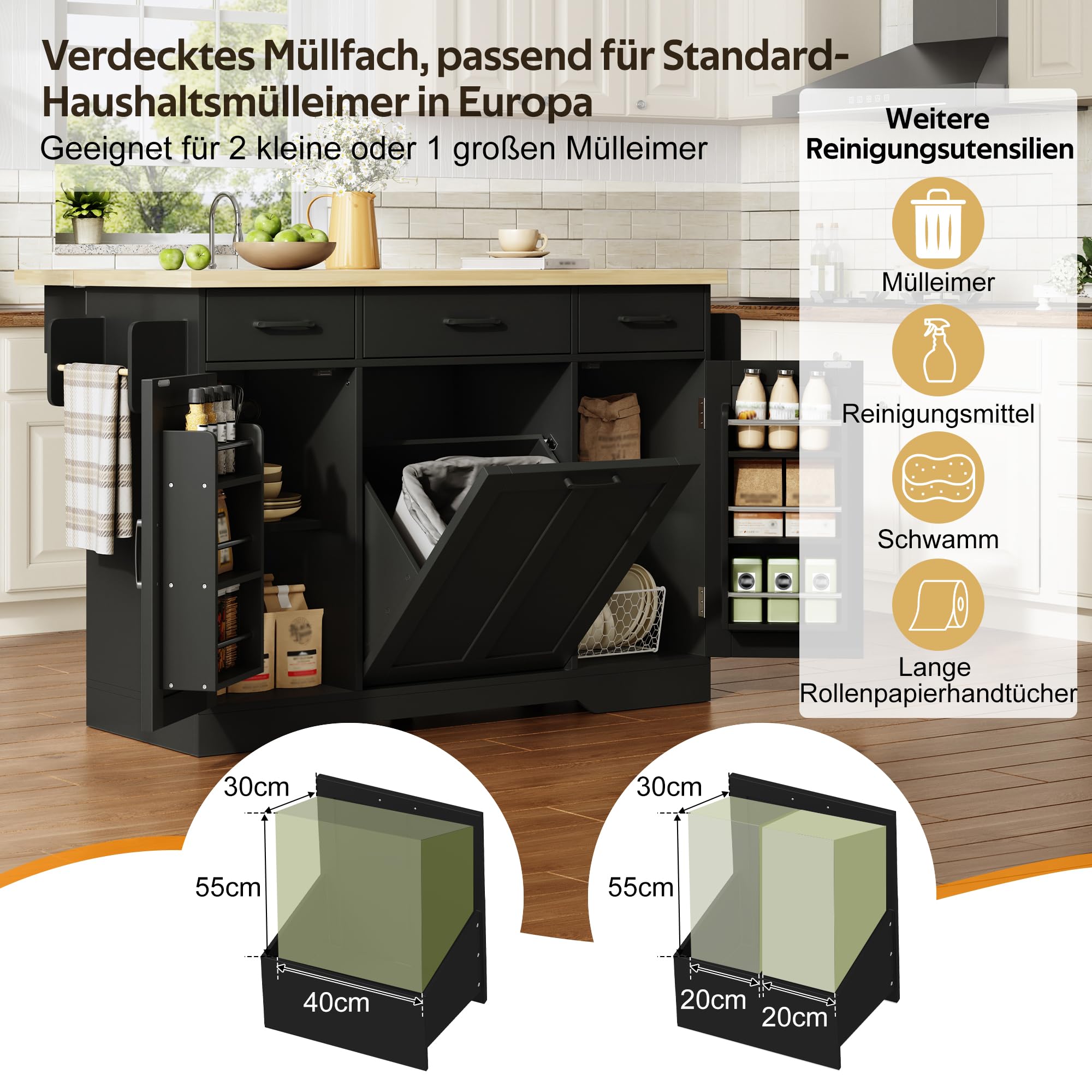 Küchenwagen, Kücheninsel mit Klapparbeitsplatte, Speisewagen Küchenschrank mit Rollen & Müllschrank, Mobile Buffetschrank Stauraumschrank mit Schubladen & Gewürzregal, 120x45(70)x87cm (Schwarz)