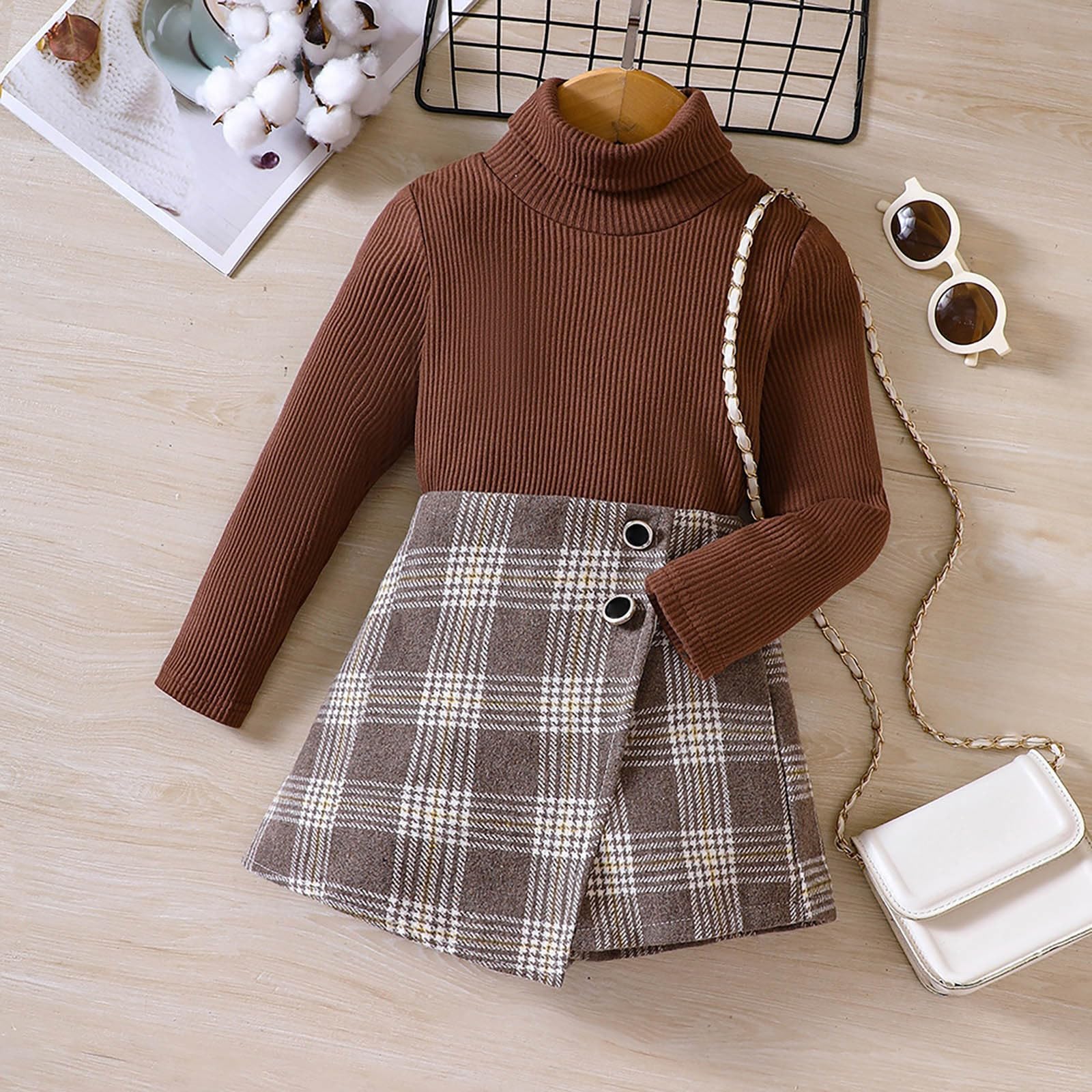 Kleinkind Kinder Baby Mädchen Herbst Winter Kleidung Set Langarm Rollkragenpullover Tops Faltenröcke Outfits Langarm Solide Pullover Tops + Knopf Rock 2-teiliges Kleidungsset