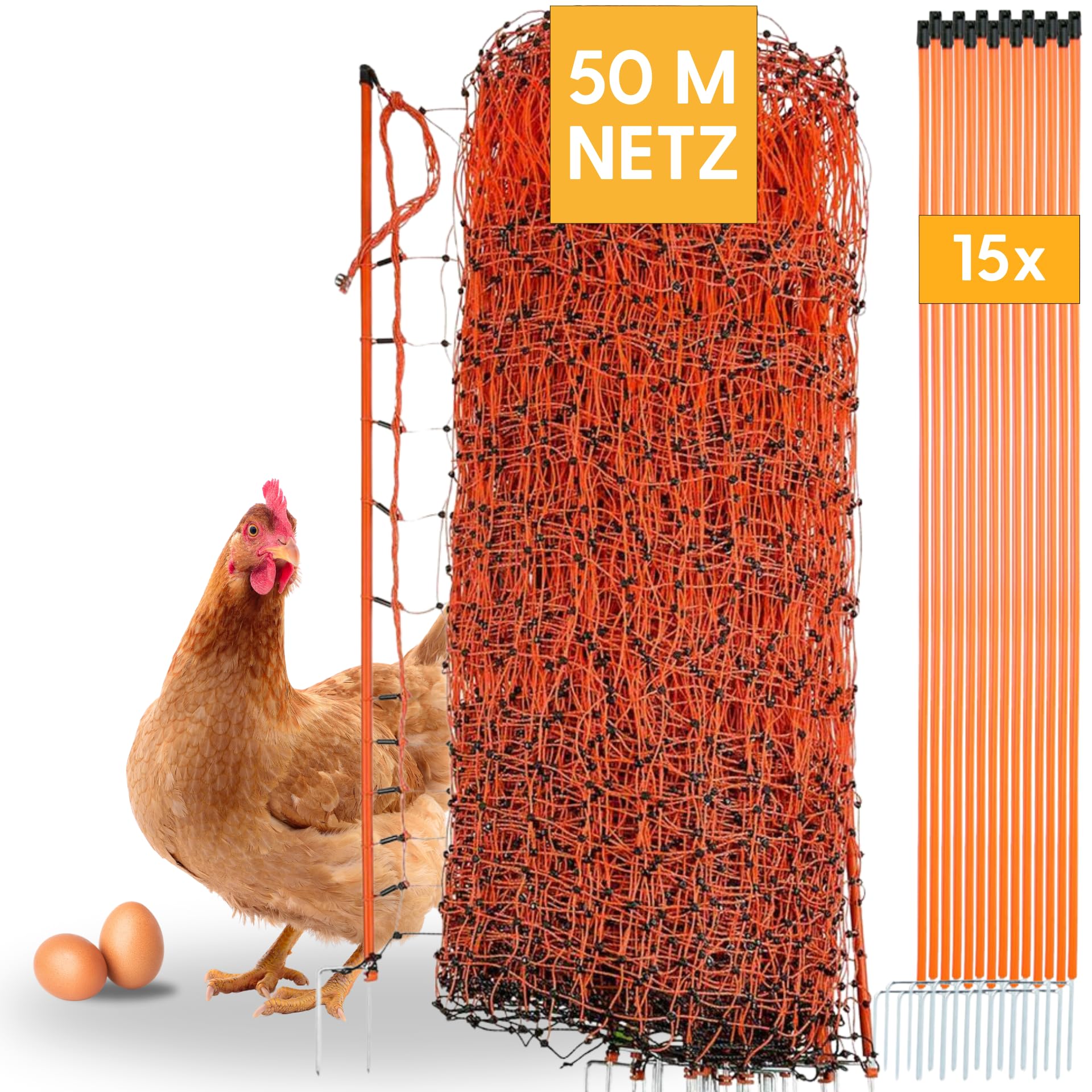 Agrarzone Valla para Aves de Corral con Electricidad Naranja 50m x 106cm | Valla eléctrica, Red electrónica con Doble Punta y estacas | Tamaño de Malla pequeño y Robusto | Valla para Aves de Corral