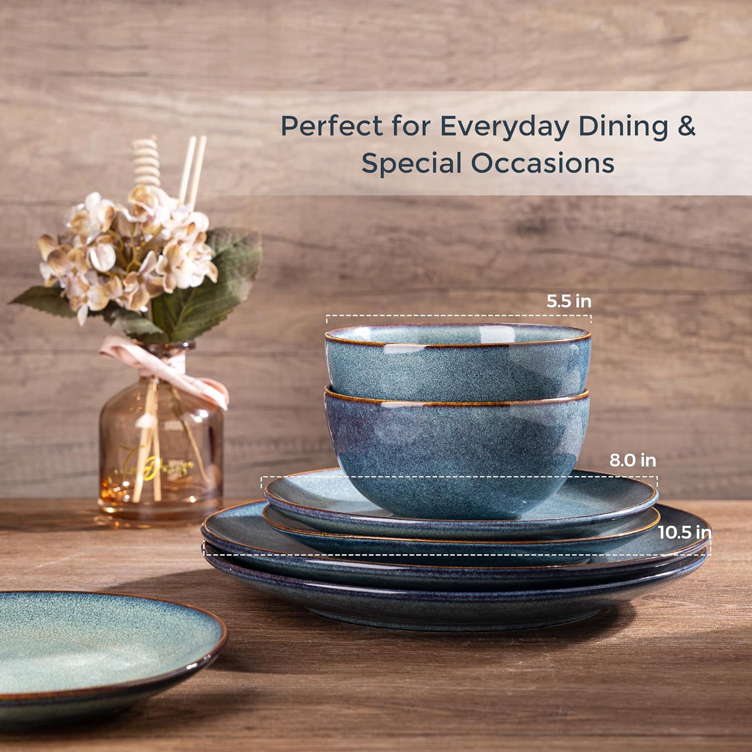 AmorArc Ceramic Dinnerware Sets for 4, 12 Pieces Handpainted Plates and Bowls Set, Scratch Resistant Stoneware Dishes Set, Dishwasher & Microwave Safe, Ceylon Blue