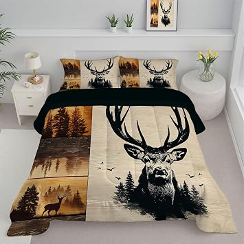 Deer Head and Pine Forest Printed Comforter Set King Size, Vintage Wooden Board Bedding Set Super Soft Duvet Insert with 1 Pillowcases for All Season for Adults Kids 104 x 90in, Brown