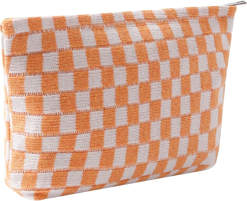 Necessaire de maquiagem Gardsell de veludo cotelê, modelo Q-Checkered orange, com zíper