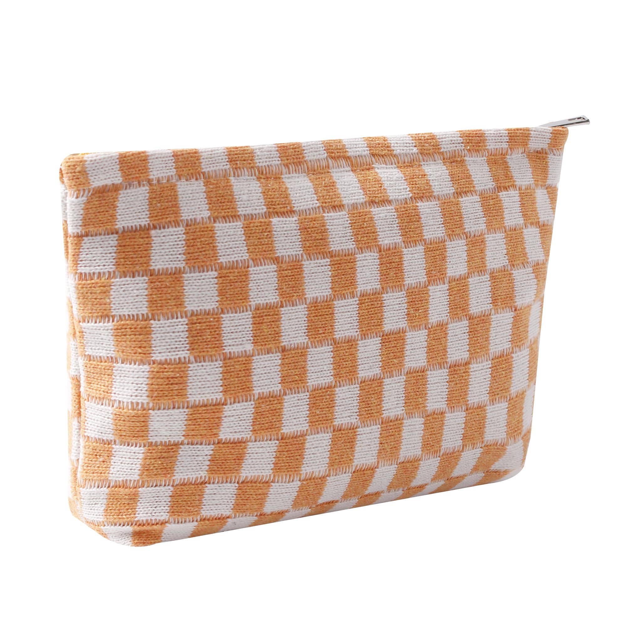 Cosmetic Bags for Women - Corduroy Cosmetic Bag Aesthetic Women Handbags Purses Smile Dots Makeup Organizer Storage Makeup Bag Girls Case Bags (Q-Checkered orange)