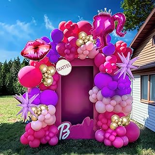 Pink Balloon Garland Arch Kit, Hot Pink Purple Gold Metallic Balloon with Girl Head Balloons Lip Foil Balloon for Girls Birthday Princess Theme Party Baby ShowerDecorations