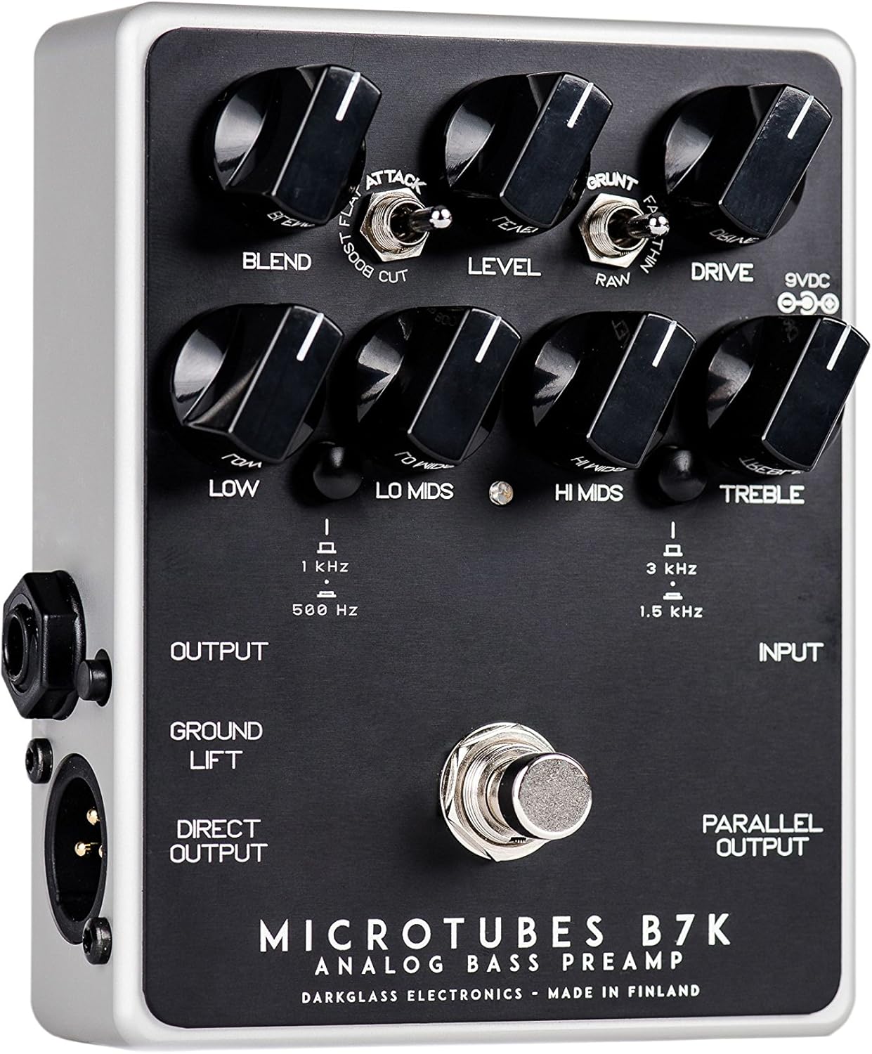 Angolato view of the Darkglass Microtubes B7K V2 pedal showing the left side with Output, Direct Output, and Ground Lift switch.