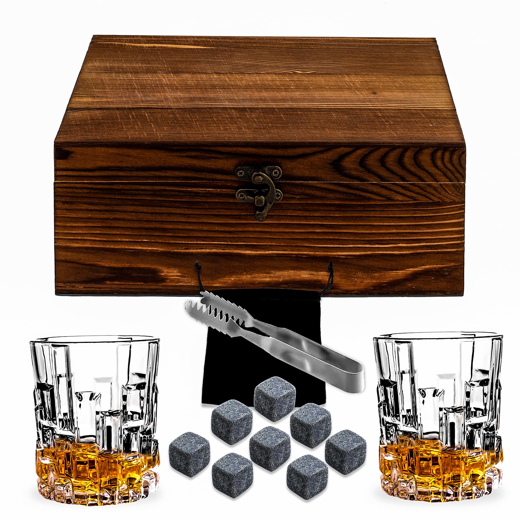 Whiskey Glasses Gift Box - Set of 2 Whiskey Rocks Glasses with 8 Chilling Stones - Perfect Scotch Glass for Father's Day, Men, Bourbon Lovers & Retirement Gifts in a Luxurious Wooden Box
