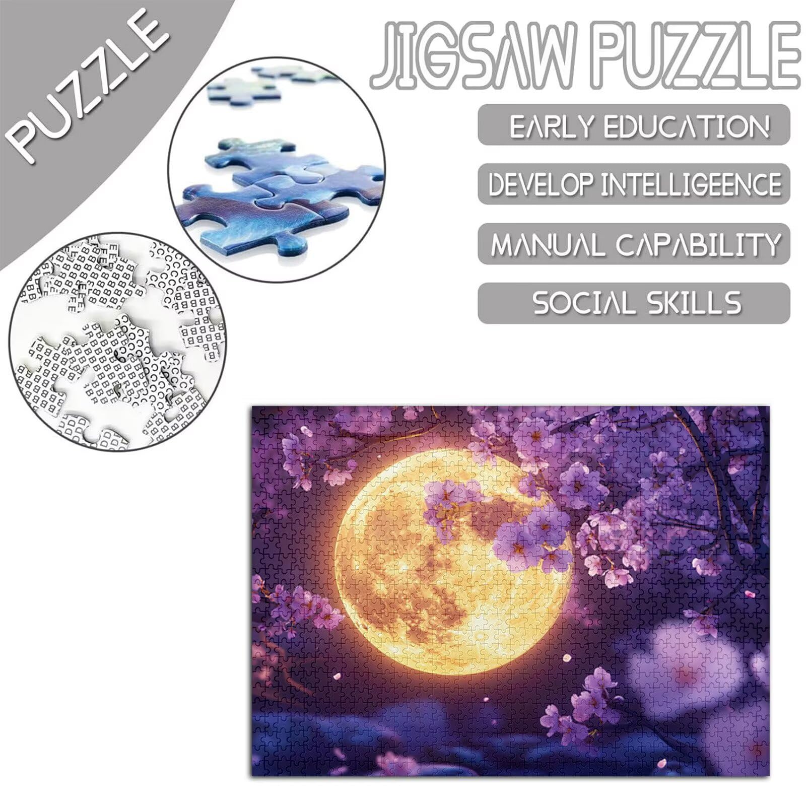 Kwiaty wiśni Puzzle 1000 sztuk dla dorosłych, Puzzle Księżyc Wzór Projekt, Jigsaw Dorosły, 5D DIY Rzemiosło Rodzina Zajęcia z Pakowaniem Pudełka, Dekoracja ścienna do domu, 75 x 50 cm, Model442