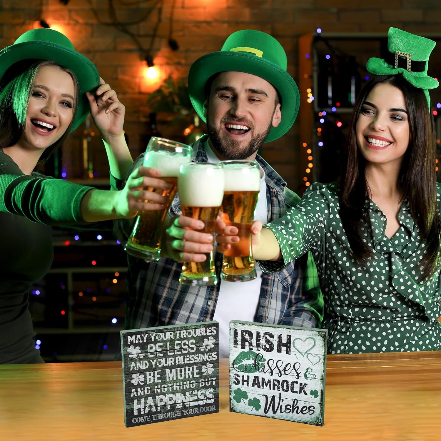 2 Pieces St Patrick's Day Decorations Shamrock Wood Blessing Box Signs Irish Table Decor Wood Block Plaque (7×7 inch, Green 2PCS) - Image 7