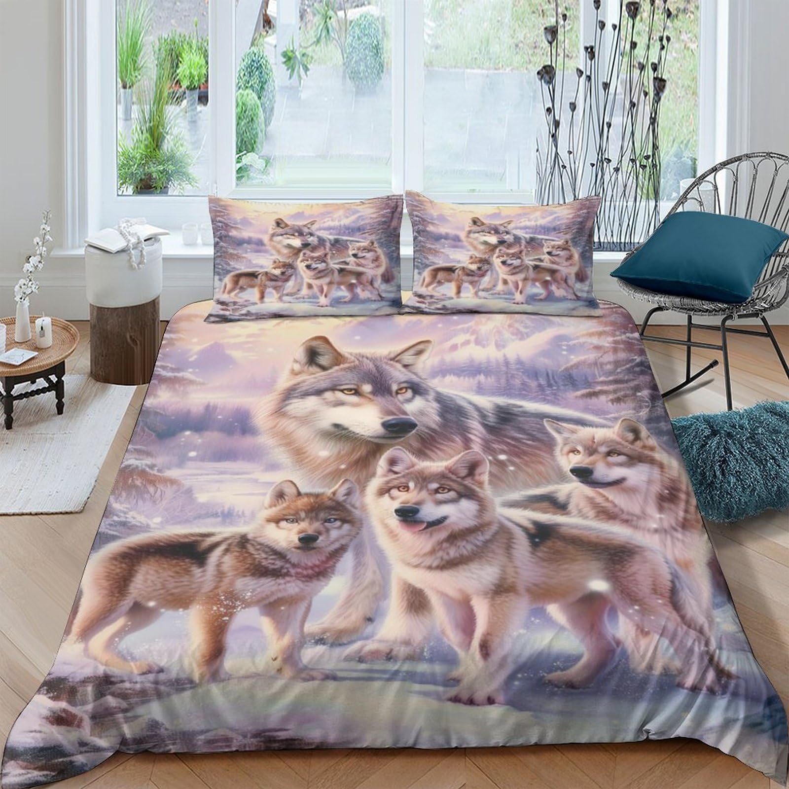 XFKLYNVCJ 3D Printed Wolf Family Winter Comforter Cover Brushed Microfiber Artistic Wolf Pack Bed Cover Hypoallergenic Stain Resistant Quick Drying Easy Care for Home Family Use King（220x240cm）