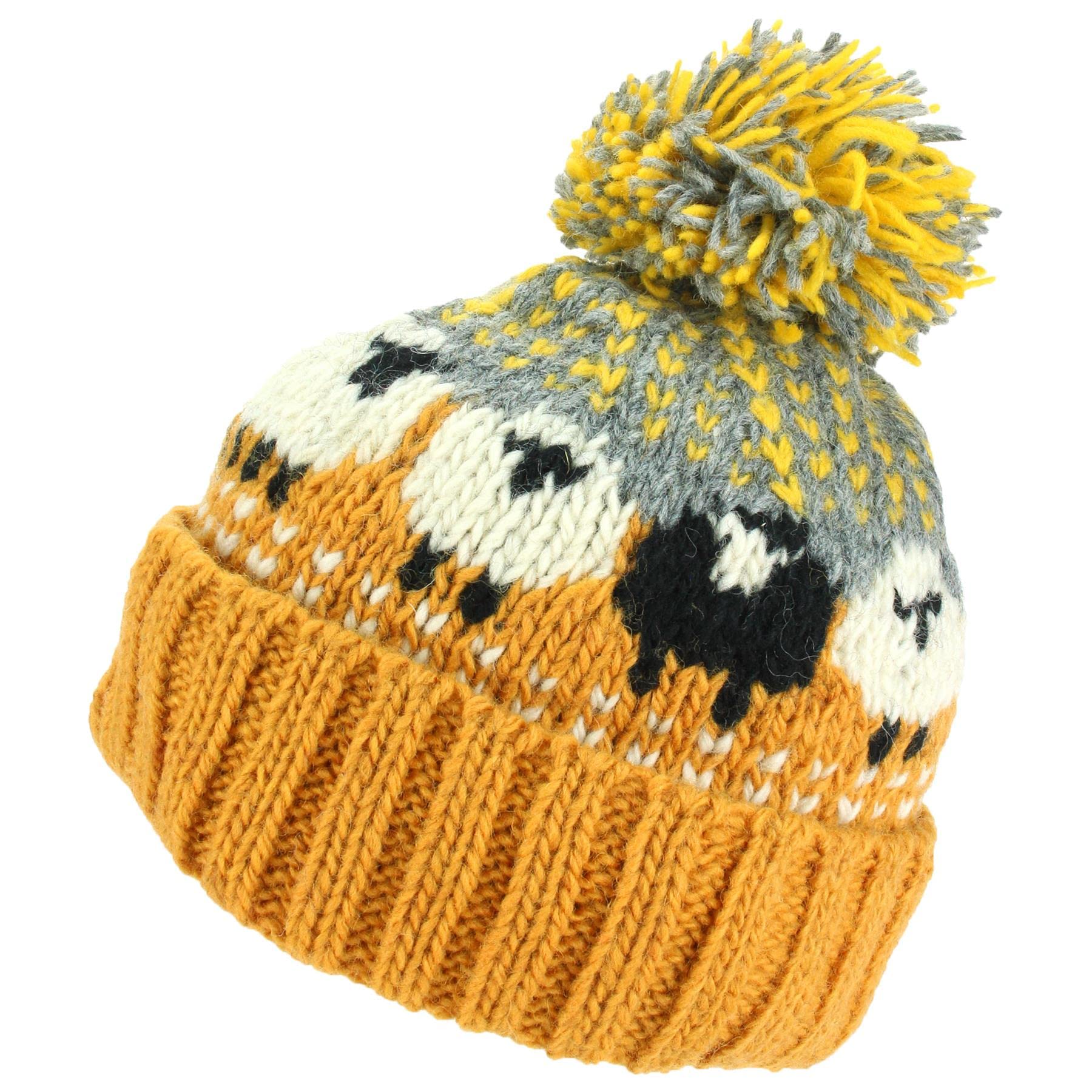 Loud Hats Wool Knit Bobble Beanie Hat Sheep Pattern & Black Sheep - Orange