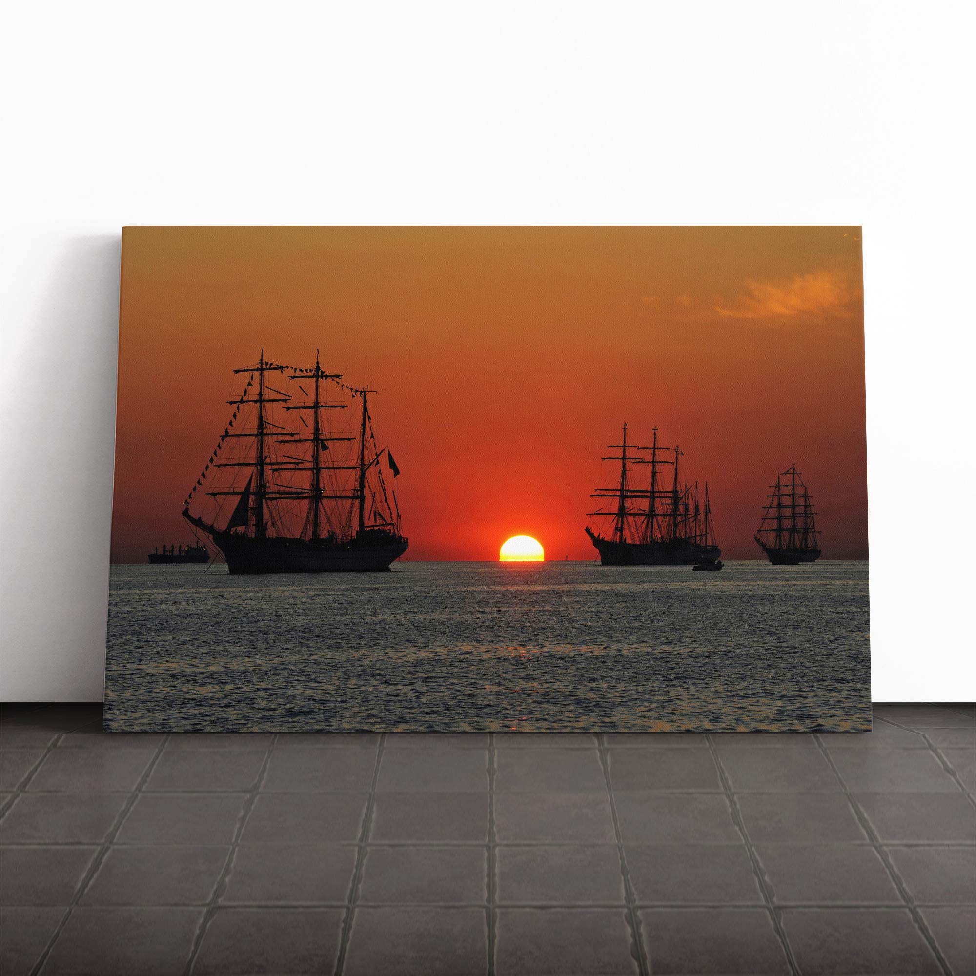 Sailing Ship Sunset Canvas Print | Gallery Wrapped 30mm Frame Wall Art | 24x16 inches | Ready to Hang | Modern Seascape Picture | Living Room Bedroom Lounge Office
