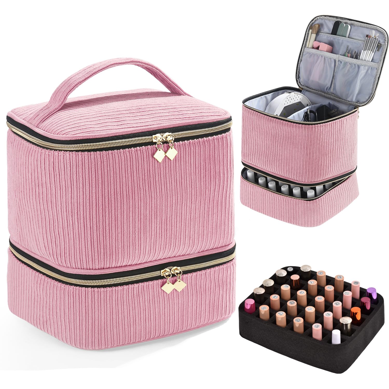 Nail Polish Organizer Holds 30 Bottles (15ml) and 1 Nail Light Nail Polish Carrying Case with Storage Pockets for Manicure Tools Double Layer Storage Travel Bag (Corduroy-Pink)