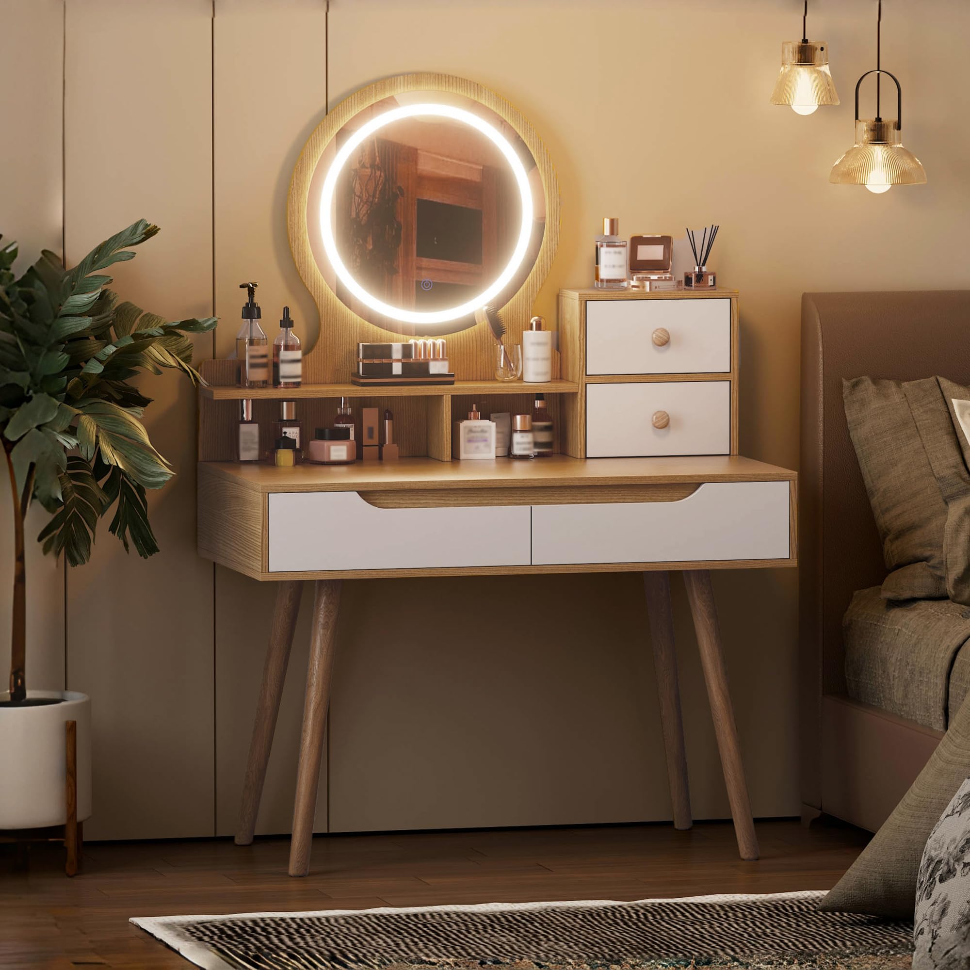 Runboll Makeup Vanity Desk with Lighted Mirror, Space Saving Dressing Table with 4 Drawers and 3 Open Shelves, 3 Adjustable Lighted Mode, for