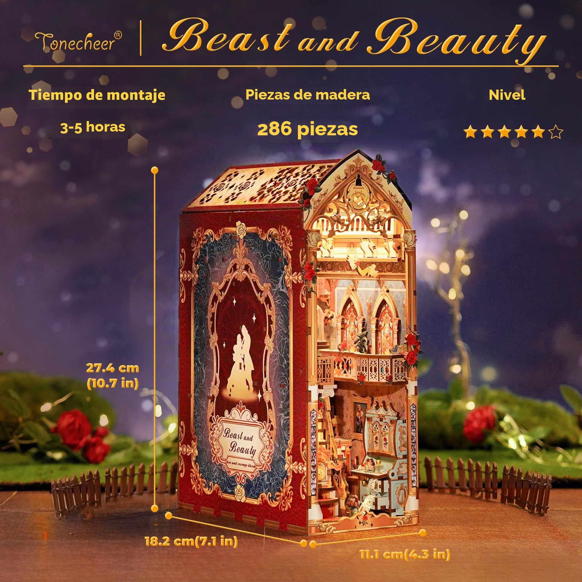 Tonecheer Kit de rincón de Libros para Adultos, Rompecabezas de Madera 3D para sujetalibros, Casa en Miniatura con Luces LED (Bestia y Belleza)
