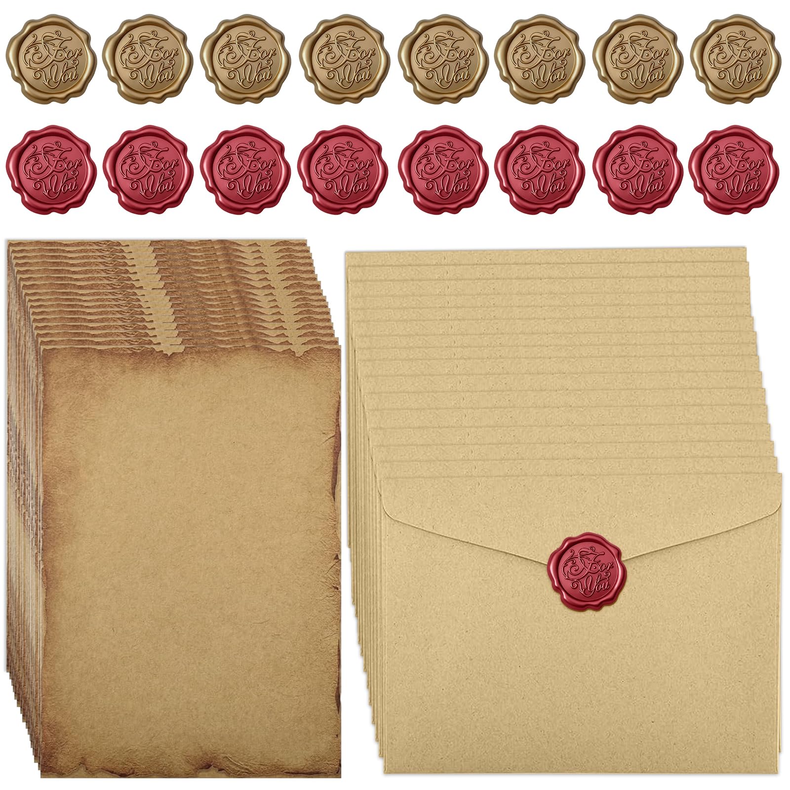 Ensemble de Papeterie Vintage 16 Enveloppes Papier Kraft Lettre Autocollants Sceau Cire Mariage