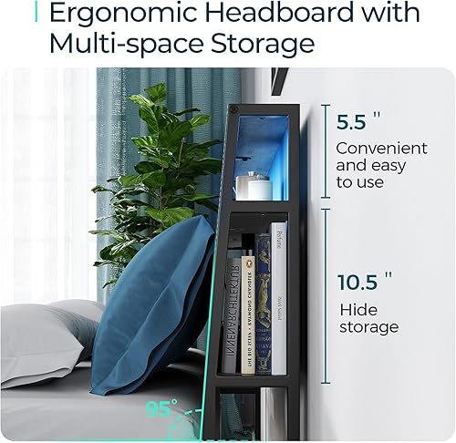 Miniatura 4 de LINSY Base de cama de tamaño matrimonial con cabecero ergonómico y 4 cajones, marco de cama de montaje rápido con luces LED y cargador rápido, marco