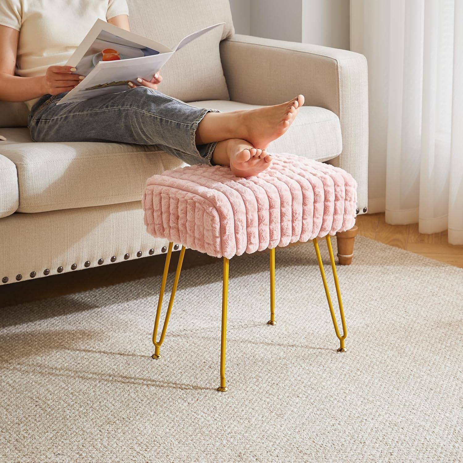 IBUYKE Rectangular Footrest Stool Ottoman, Makeup Vanity Stool Side Table, Velvet Dressing Table Seat, Footstool Chair, Golden Steel Legs, for Makeup Room, Bedroom, Square Grid Pattern, Pink WBD003P - Image 9