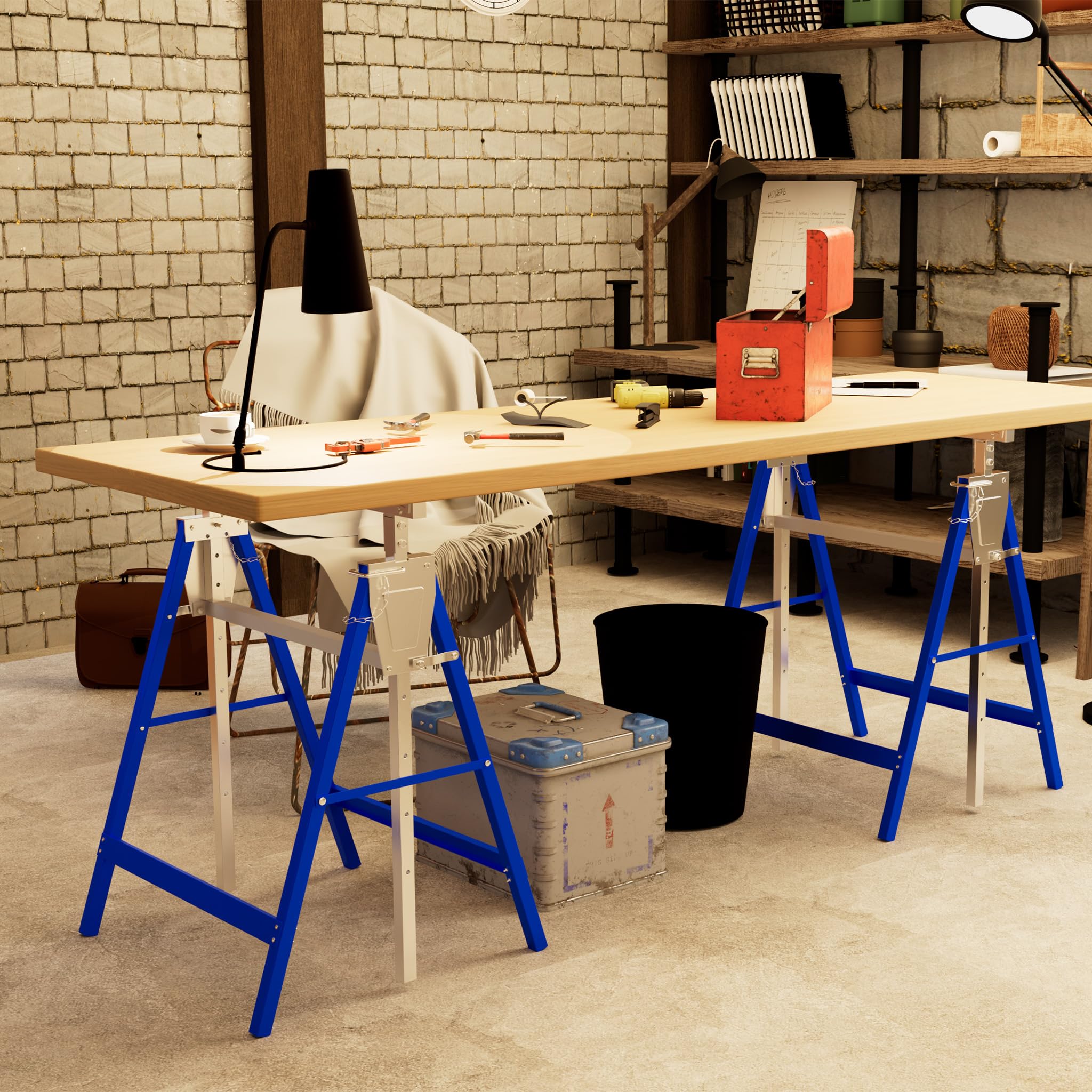 Aufun Juego de 2 caballetes de trabajo de altura regulable 80 – 130 cm, soporte plegable de acero hasta 200 kg de capacidad de carga, soporte telescópico para taller, obras y banco de trabajo DIY