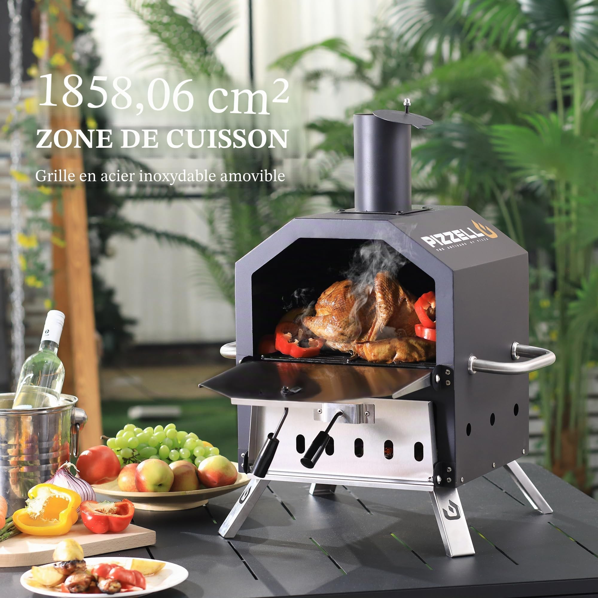 PIZZELLO Machine à pizza d'extérieur au feu de bois 2 couches avec pierre à pizza, pelle et grille – Housse imperméable et pieds pliables 66 cm